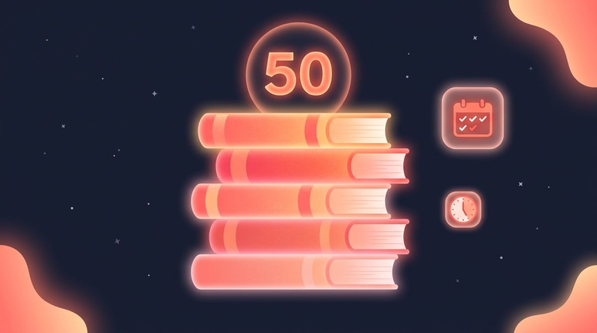 A clock, stack of books, calendar streak, and Kindle showing the 25-minute daily reading habit