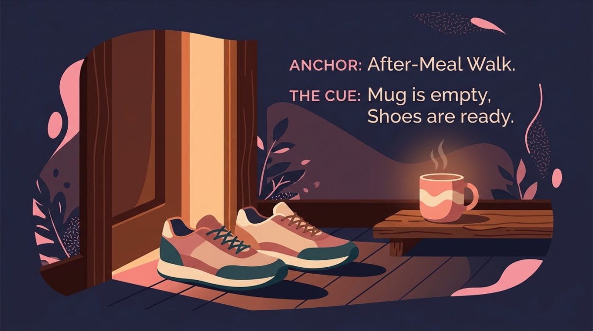 Walking shoes by a doorway next to a coffee mug as an anchor cue for a walking 10000 steps a day habit