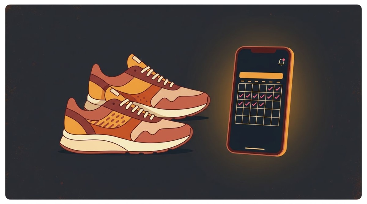 Running shoes next to a phone showing a streak calendar with checkmarks