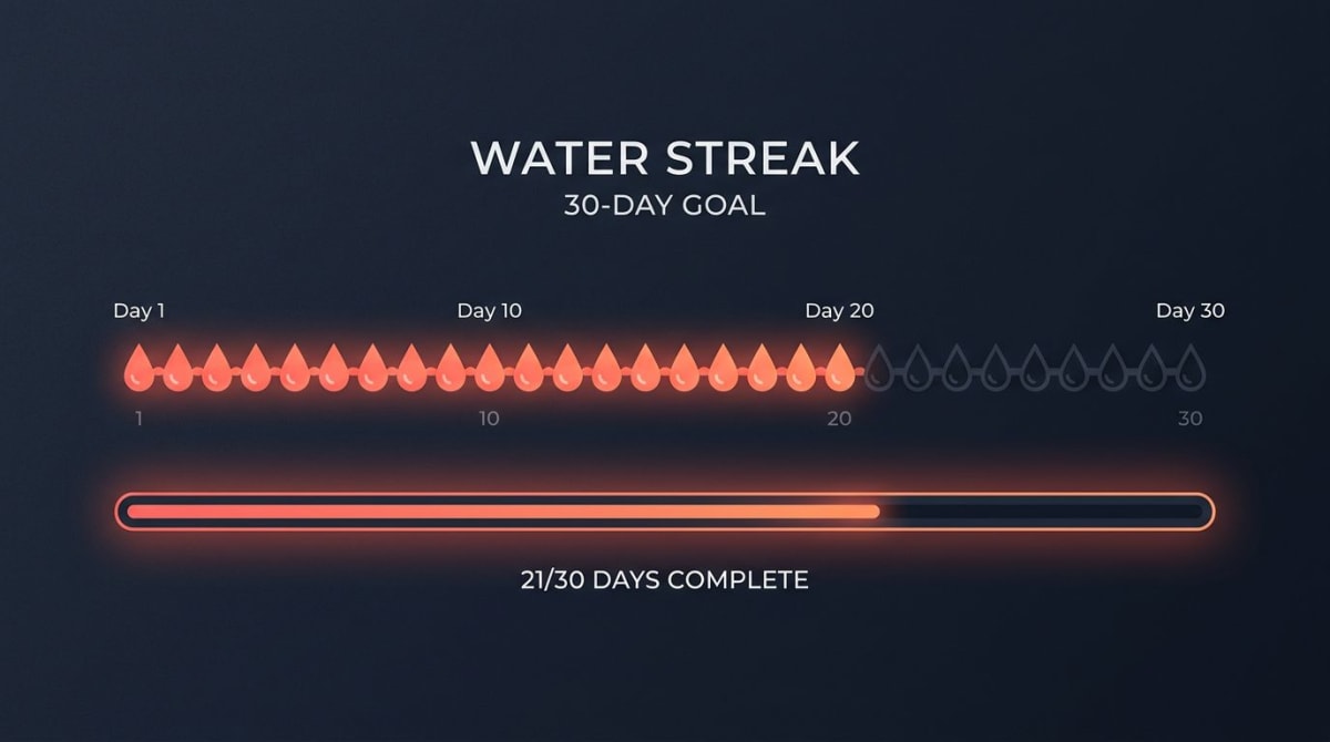30-day streak chain visualization with water droplet icons