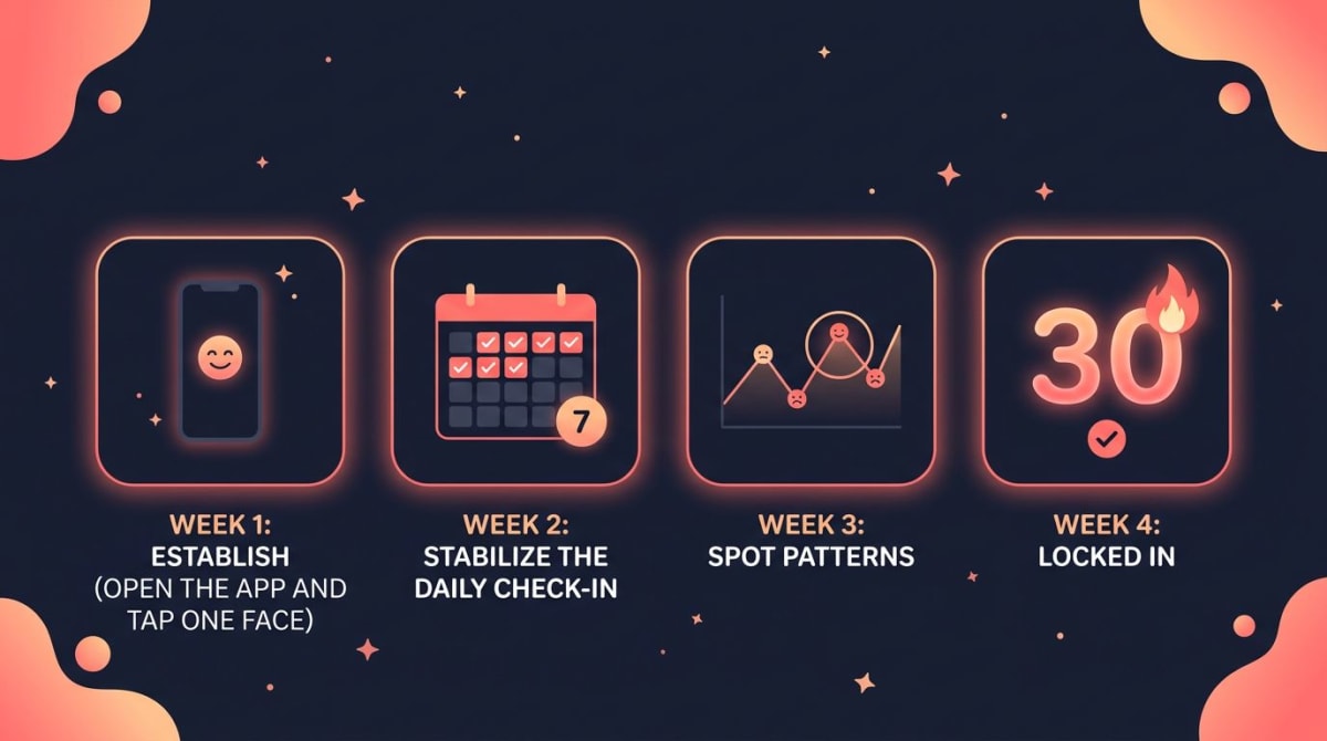 Mood tracker app 30-day starter plan infographic: 4 weekly milestones — week 1 establish (open the app and tap one face), week 2 stabilize the daily check-in, week 3 spot patterns, week 4 locked in 30-day streak