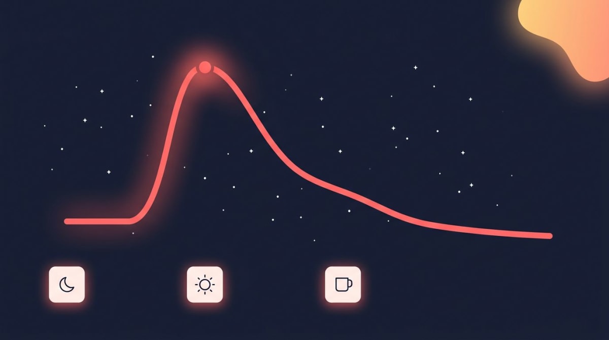 Cortisol awakening response curve — a coral pink line graph rising sharply within the first hour after wake, then gradually declining through the day, with small icons for sleep, wake, and mid-morning along the time axis, on a dark navy background with star particles
