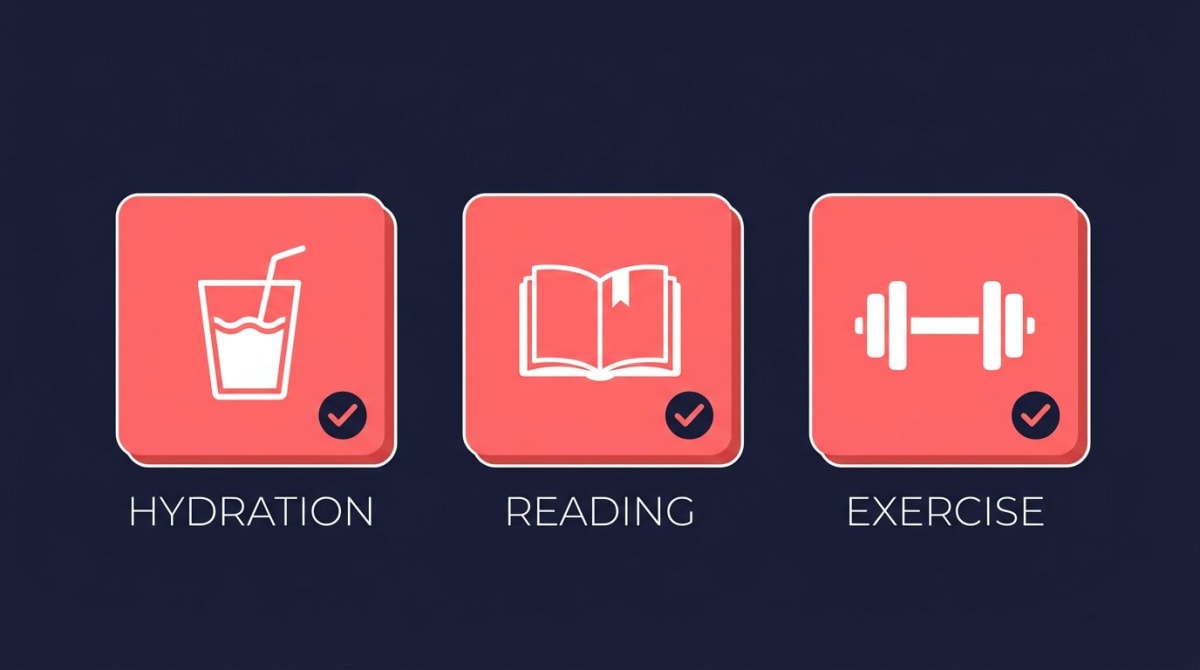 Three habit icons - water, book, dumbbell - lined up with checkmarks indicating daily completion