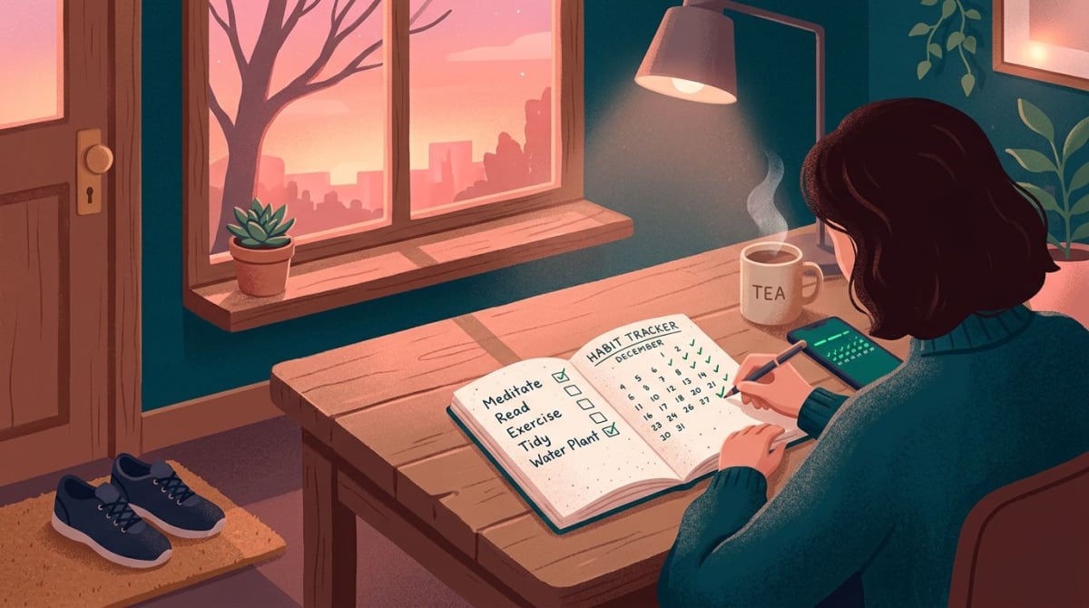 Person ticking off daily mental health habits at night with journal, mug, and phone showing streak calendar