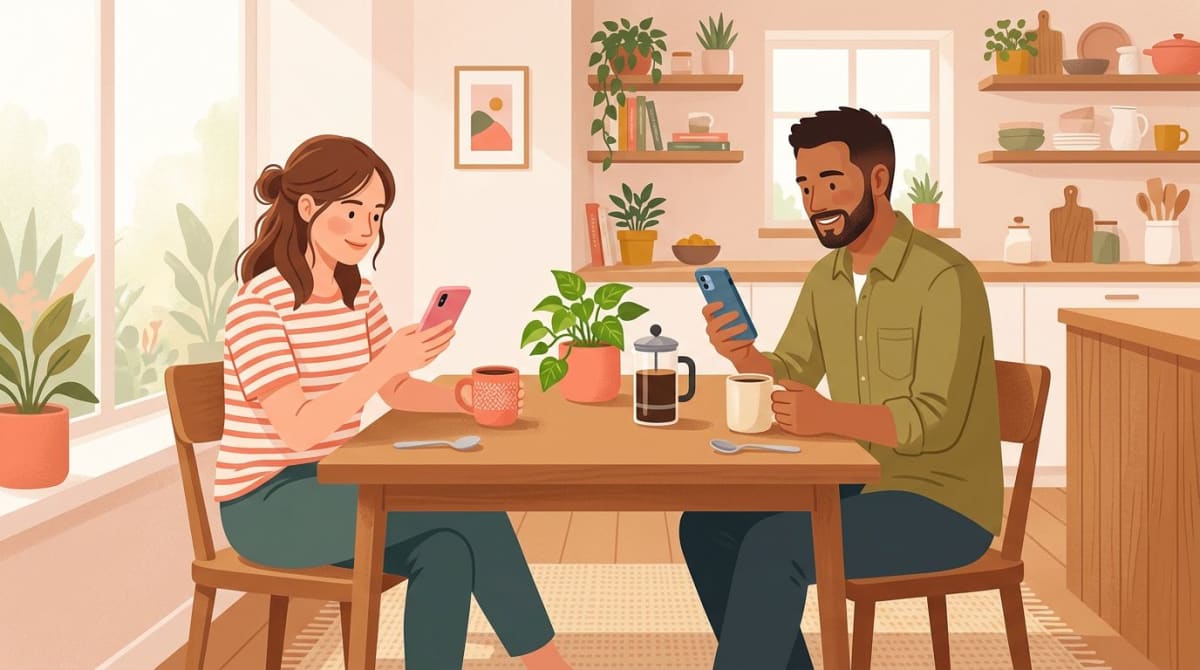 Couple sharing a Sunday morning weekly check-in for habit tracking with coffee mugs