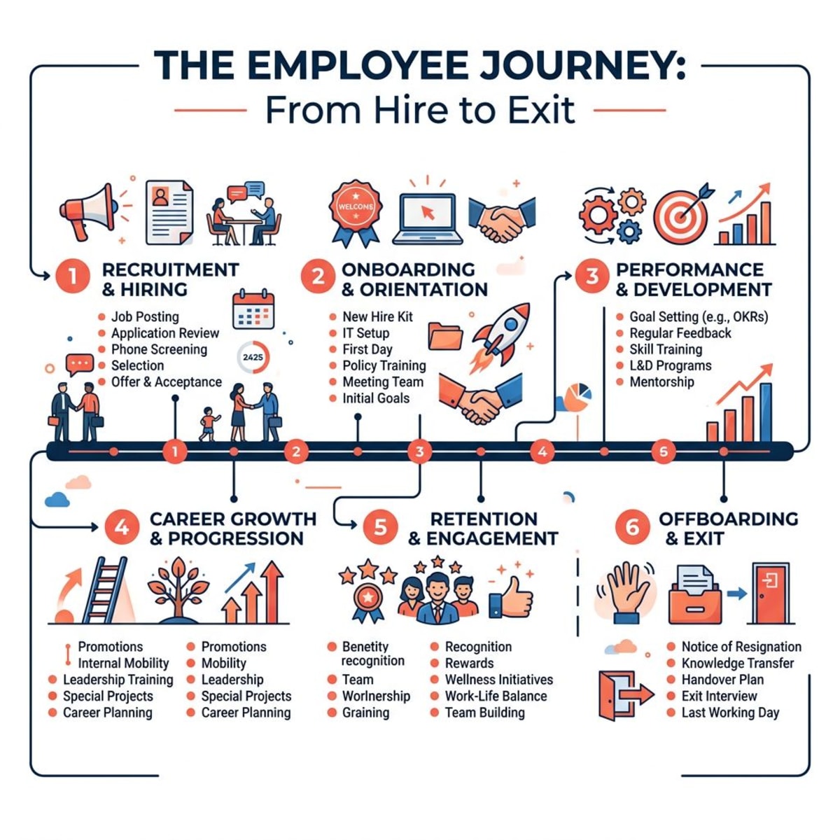 Employee journey stages with specific touchpoints and optimization opportunities