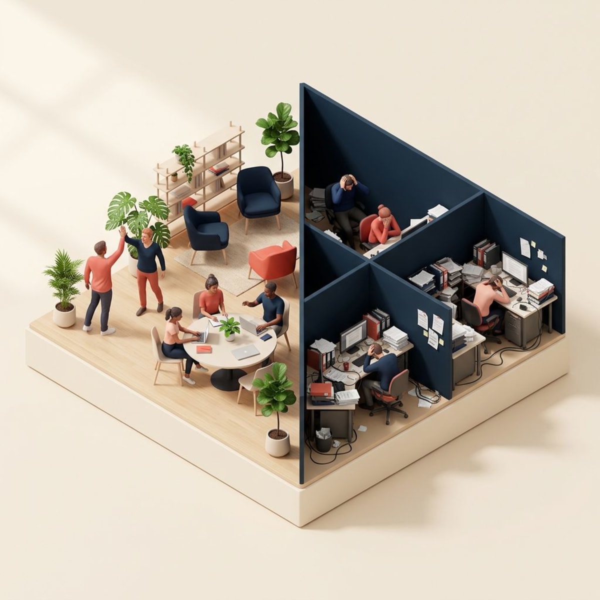 Contrast between healthy collaborative workplace and toxic isolated workplace environment