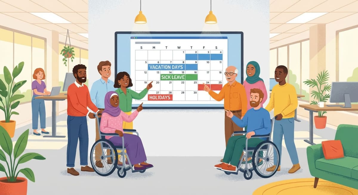 Team viewing shared leave calendar on a large display