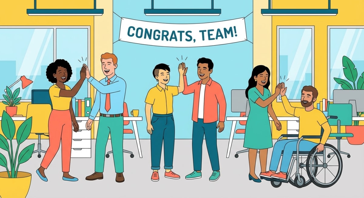 Happy small team working together