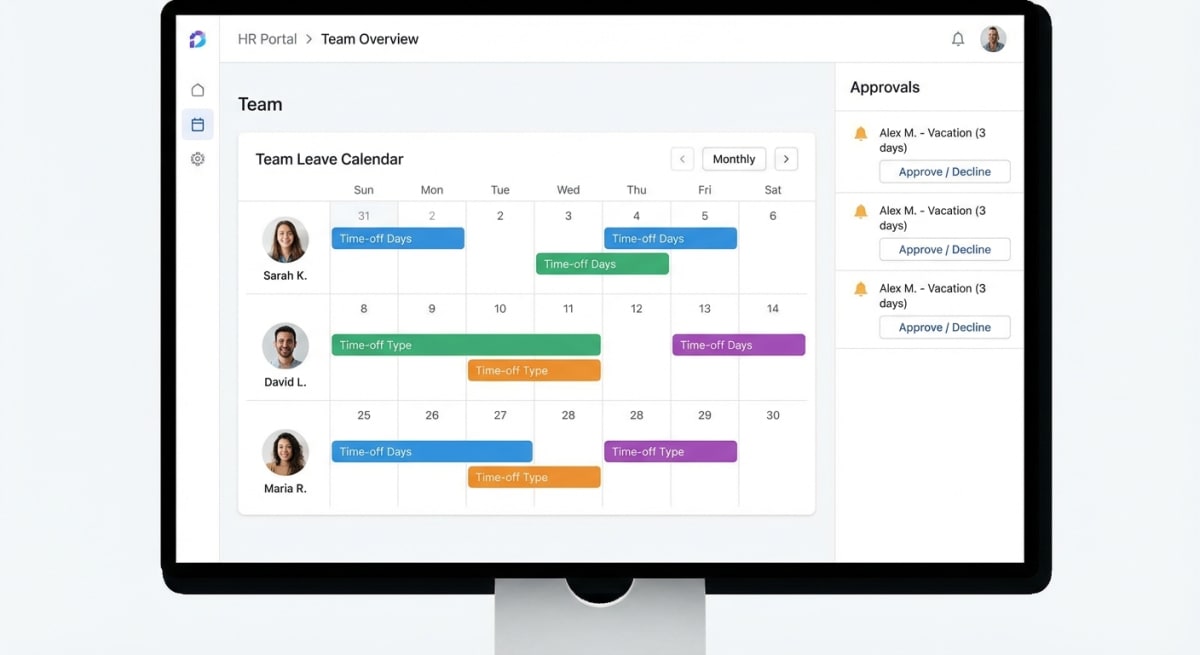 Leave management software dashboard showing team calendar and approval notifications