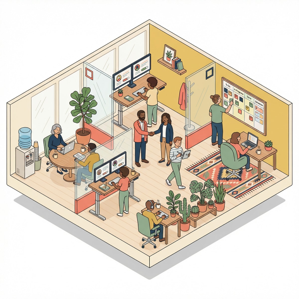 Isometric illustration of a small team collaborating in a modern HR workspace