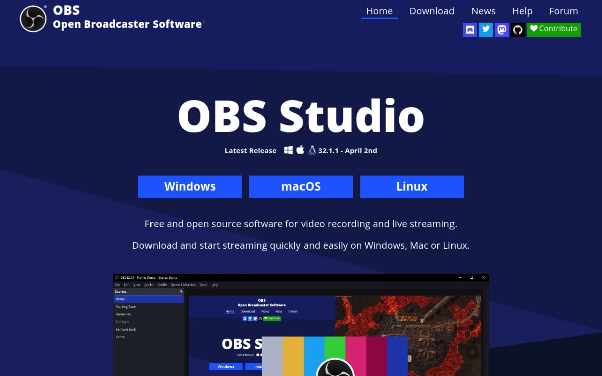 OBS Studio homepage — free open source screen recorder for Windows, Mac, and Linux