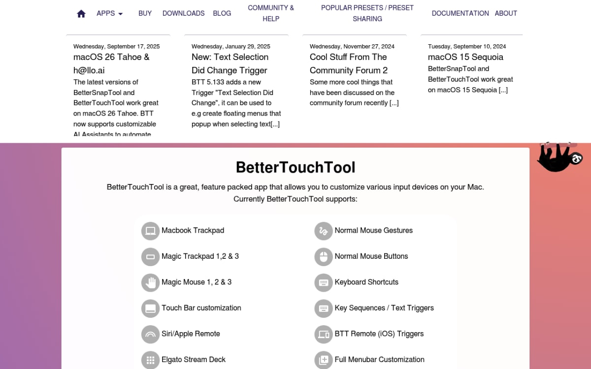 BetterTouchTool homepage on folivora.ai — Mac automation app for window management