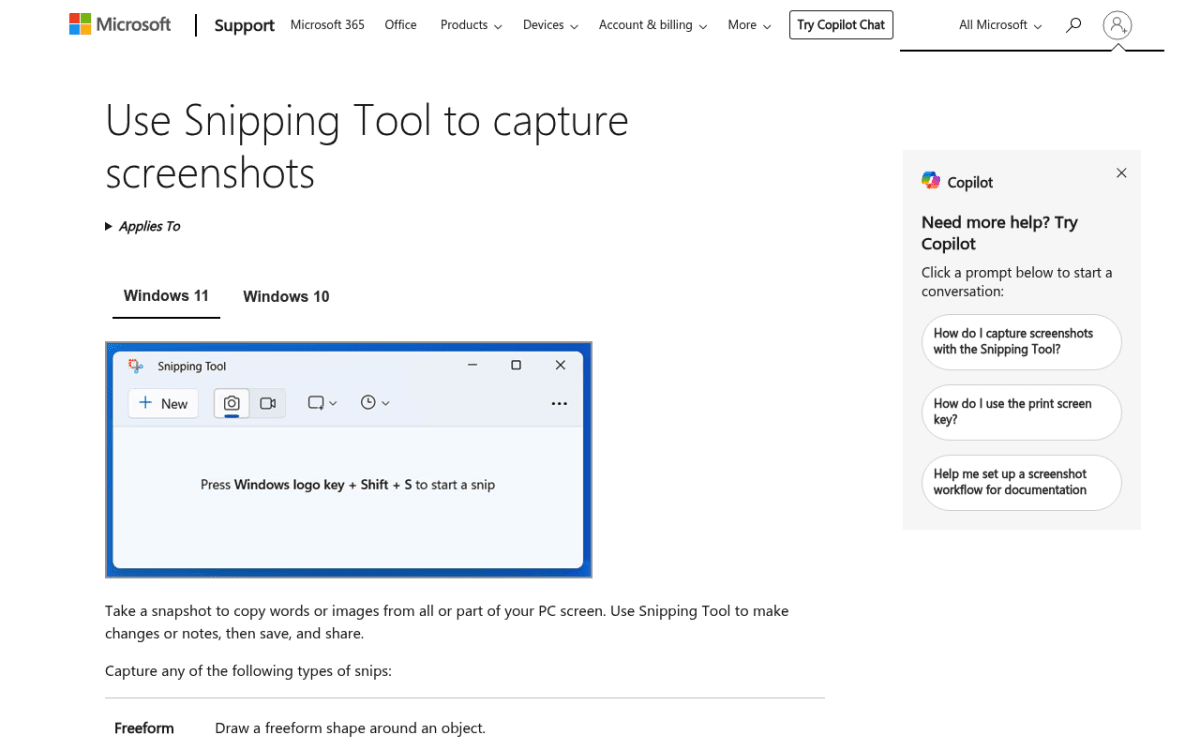 Microsoft Support-Dokumentation für das Snipping Tool auf Windows