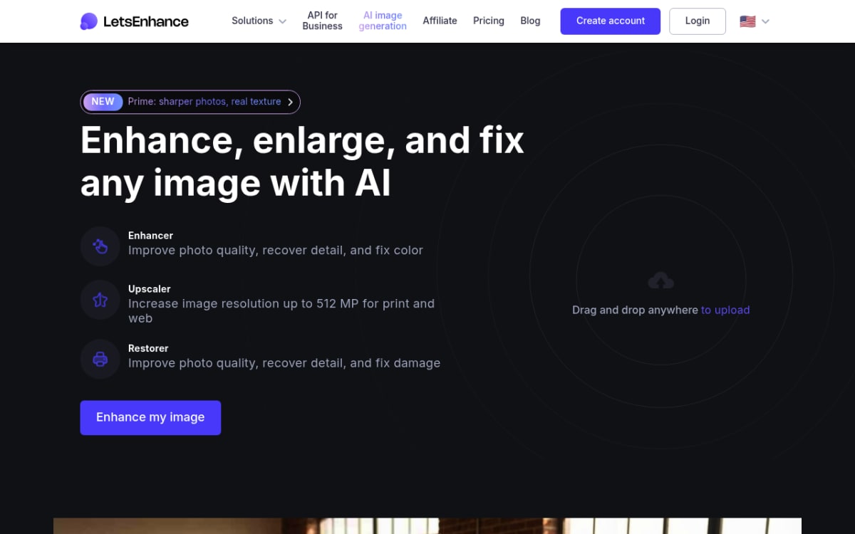 Startseite von Let's Enhance mit dem KI-Bildverbesserer für professionelle Workflows