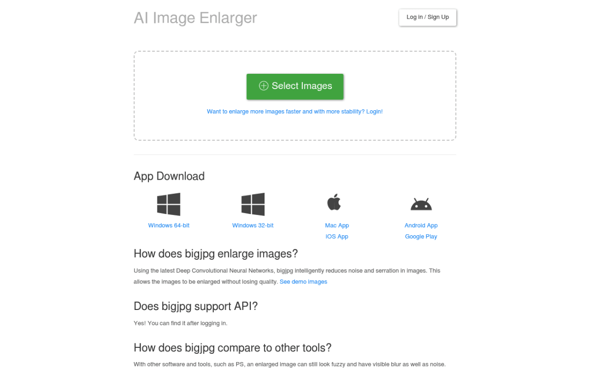 Startseite des Bigjpg AI Image Enlarger mit Bild-Upload und Download-Links
