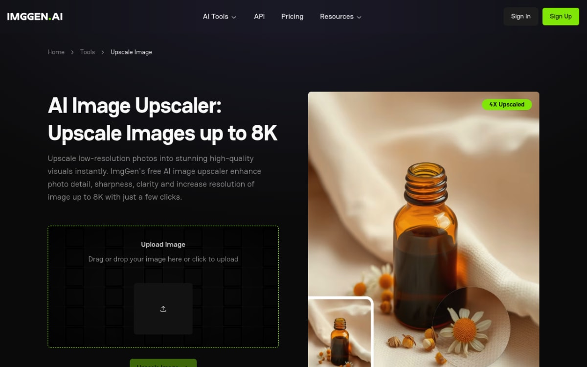 Imggen.ai Upscale-Image-Tool mit kostenlosem KI-Upscaling bis 8K