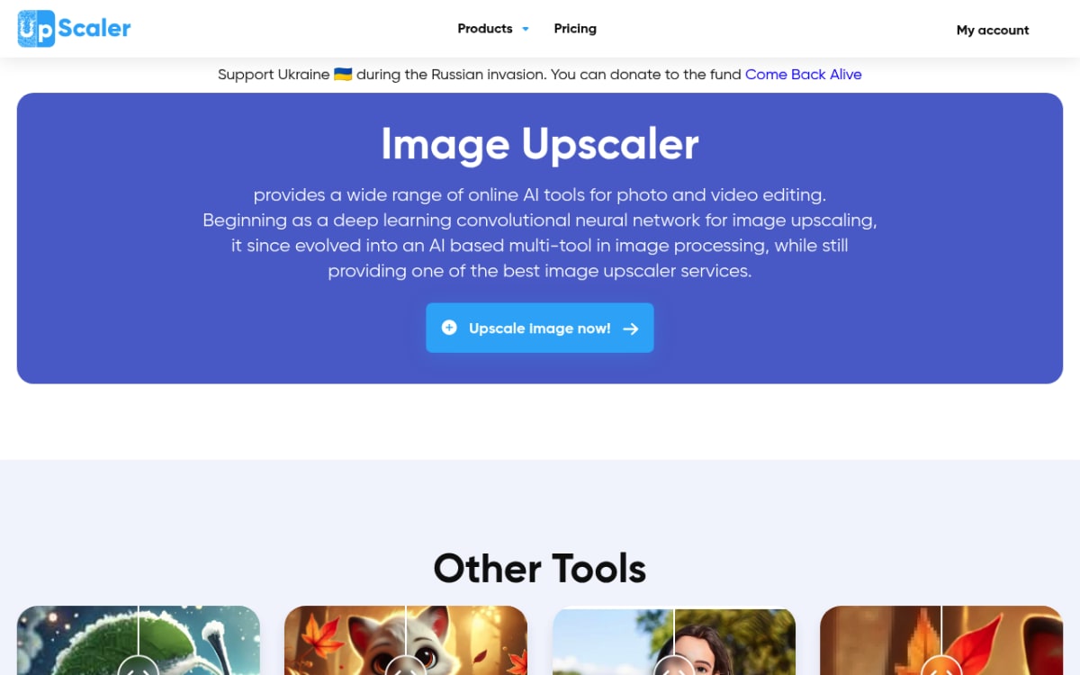 Image-Upscaler-Startseite mit monatlichen kostenlosen Credits und 4x-Upscaling