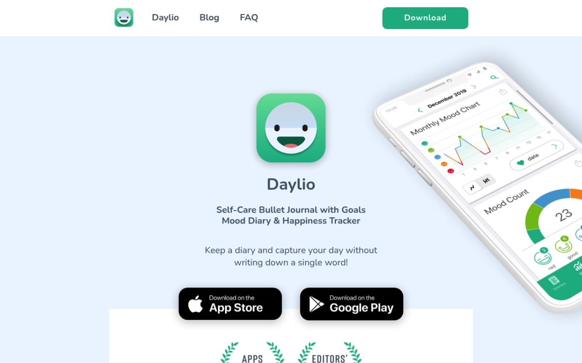 Daylio mood tracker app homepage showing five mood face icons and clean monthly view
