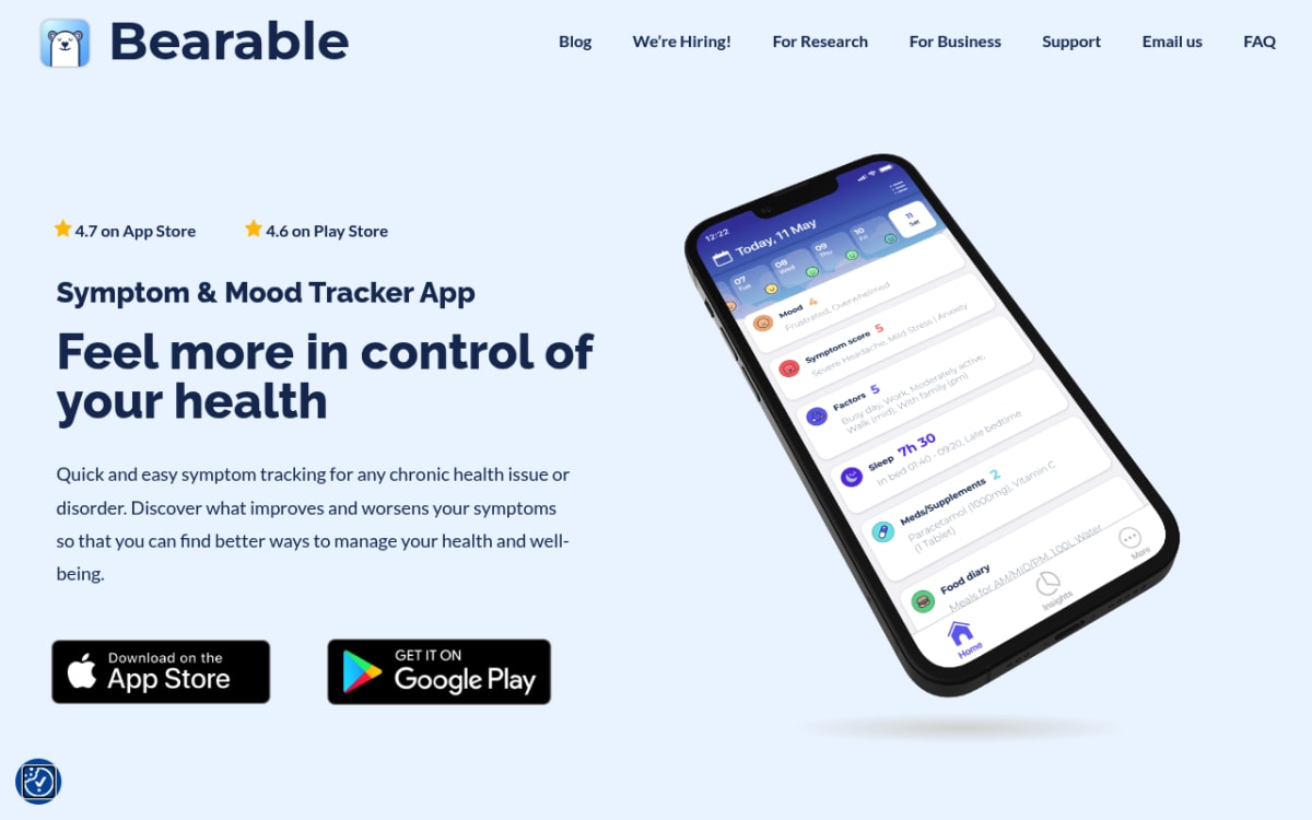 Bearable app homepage showing mood and symptom tracking with correlation charts