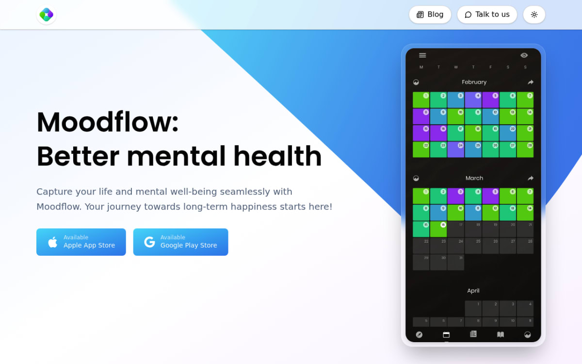 Moodflow app homepage showing clean mood slider interface with weekly review