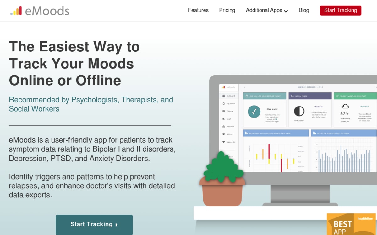 eMoods tracker app homepage focused on bipolar and depression mood tracking with clinician PDF exports