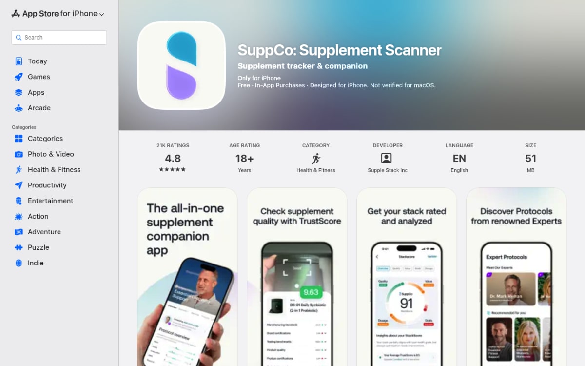 Suppco supplement scanner app listing on the iOS App Store showing screenshots and description