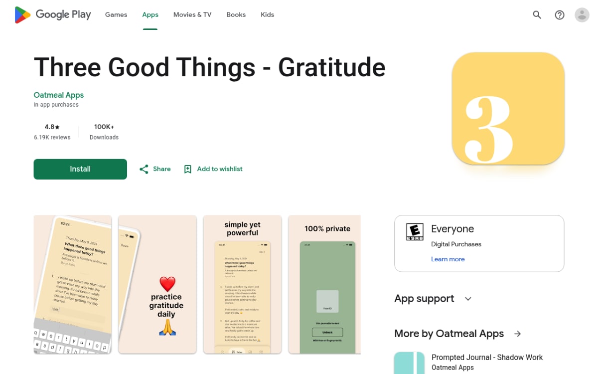 Three Good Things gratitude journal app on the Google Play Store listing page