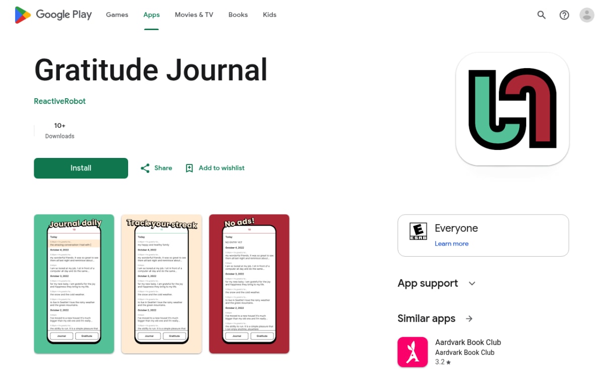 Presently open-source Android gratitude journal app on the Google Play Store listing