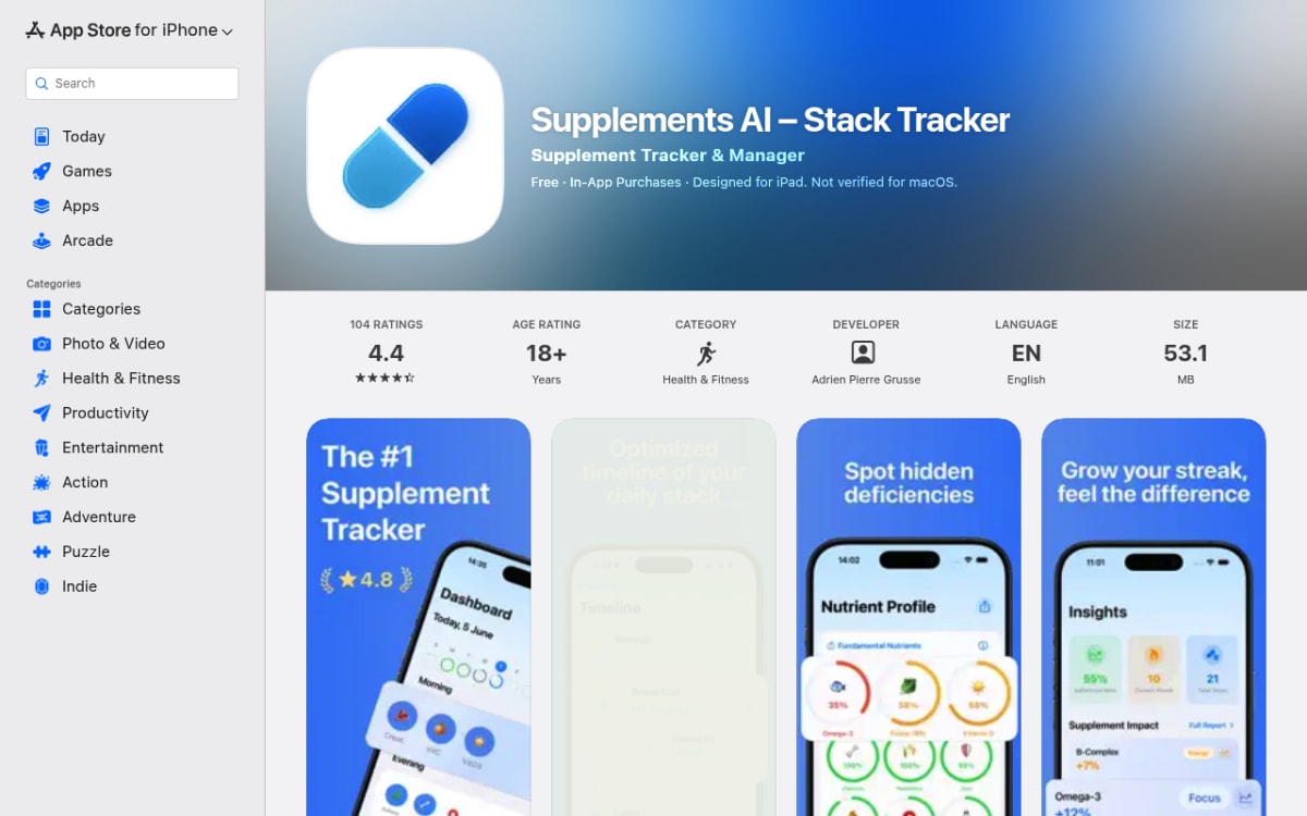 Supplements AI stack tracker app listing on the iOS App Store with feature highlights