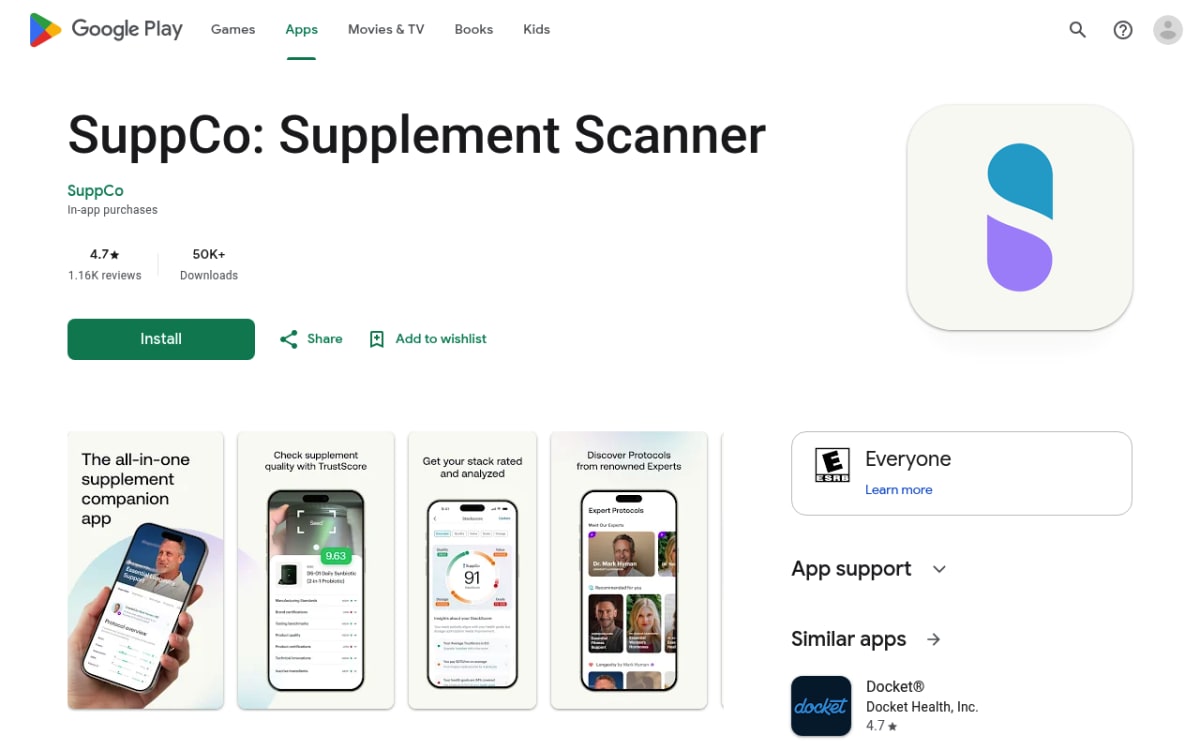 Supp. supplement reminder app listing on the Google Play Store for Android