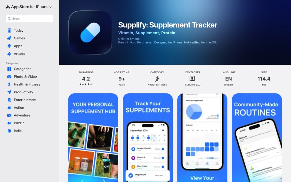 Supplify supplement tracker app listing on the iOS App Store with inventory and refill features