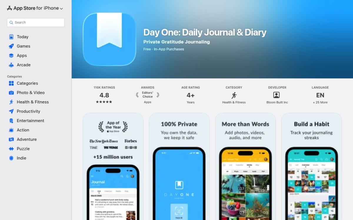 Day One journaling app on the Apple App Store with daily prompts and end-to-end encryption