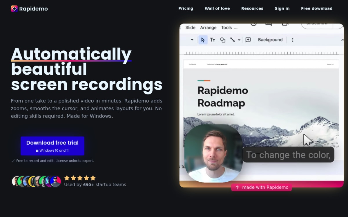 Rapidemo homepage — Windows screen recorder with auto-zoom and cursor smoothing