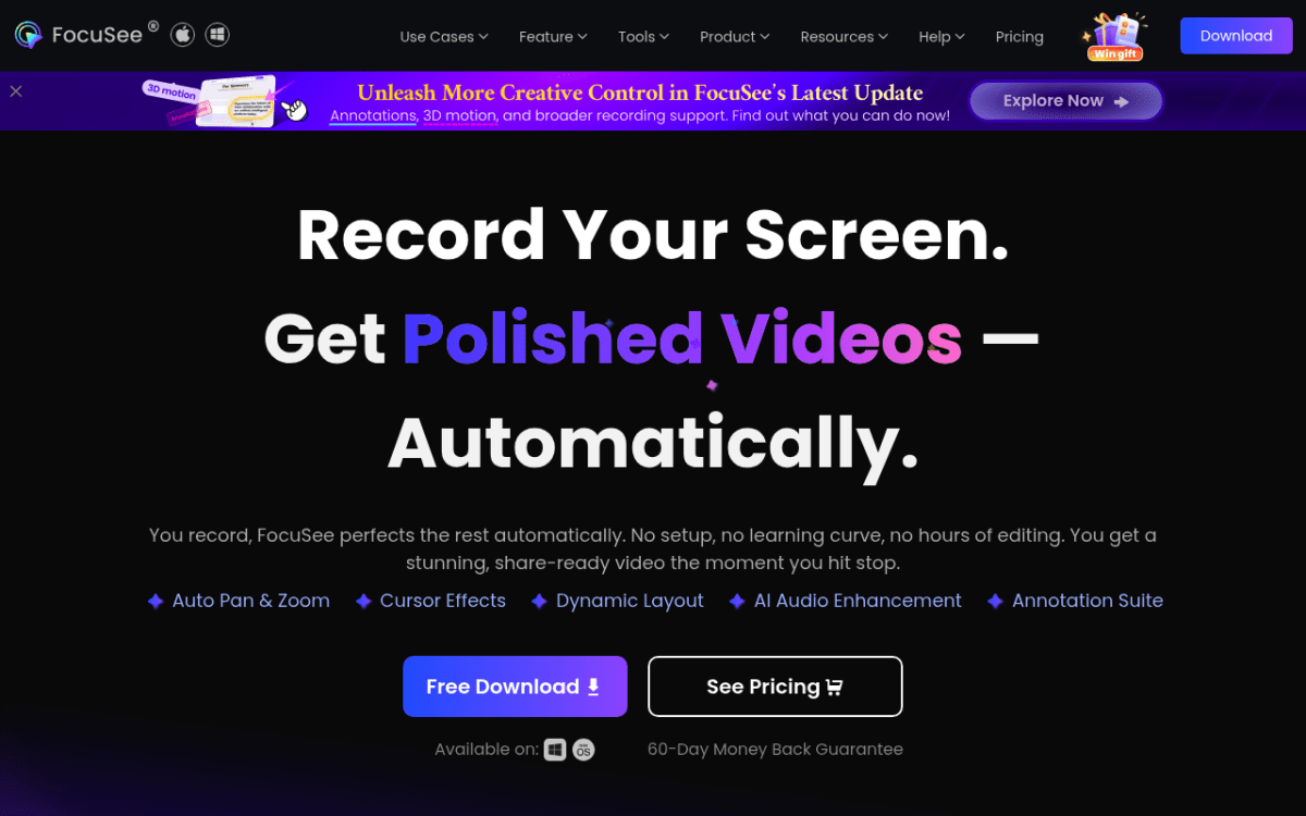 FocuSee landing page — AI screen recording tool for Mac and Windows