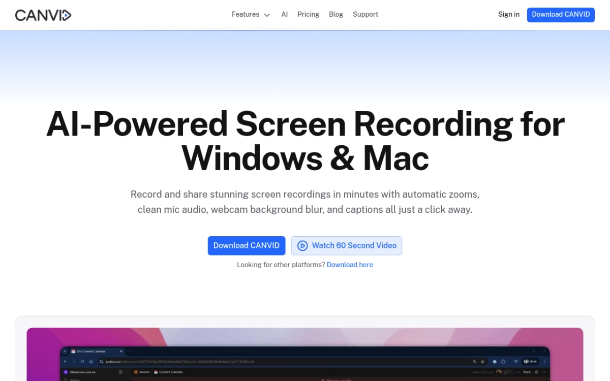 Canvid homepage — automatic zoom screen recorder for Windows and Mac