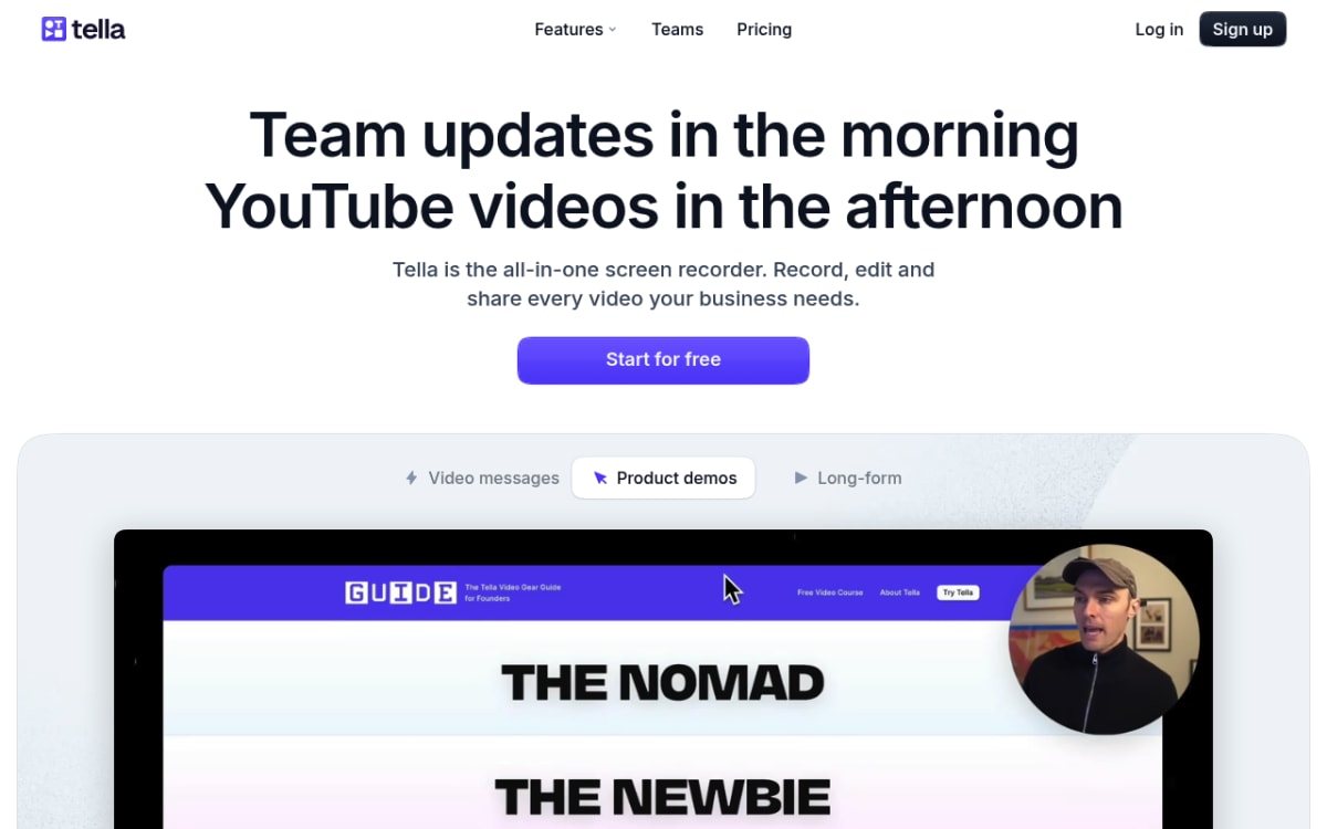 Tella homepage — polished screen recording with subscription pricing
