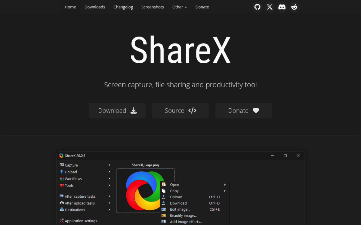 ShareX homepage — free Windows screenshot and screen capture tool