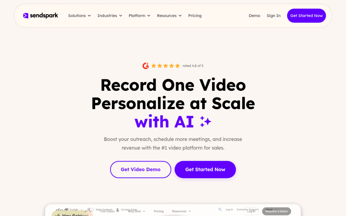 Sendspark homepage showing AI personalized sales video platform Vidyard alternative