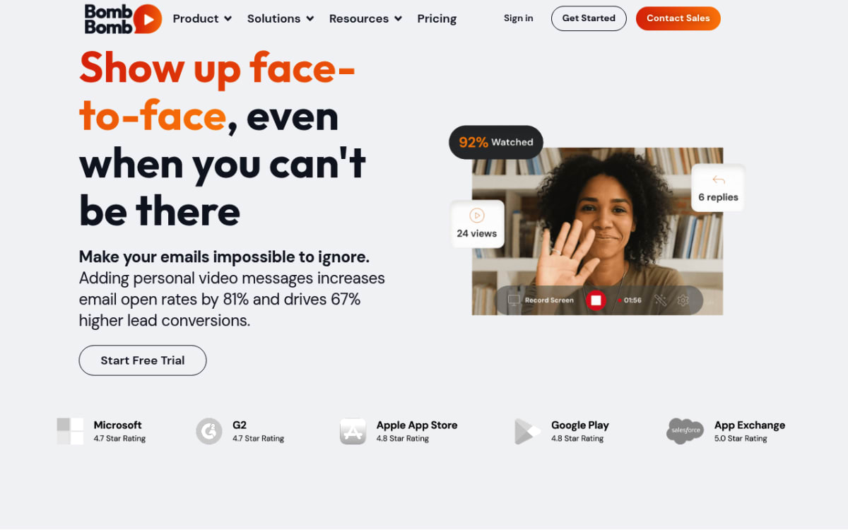 BombBomb homepage featuring video email relationship sales tool Vidyard alternative