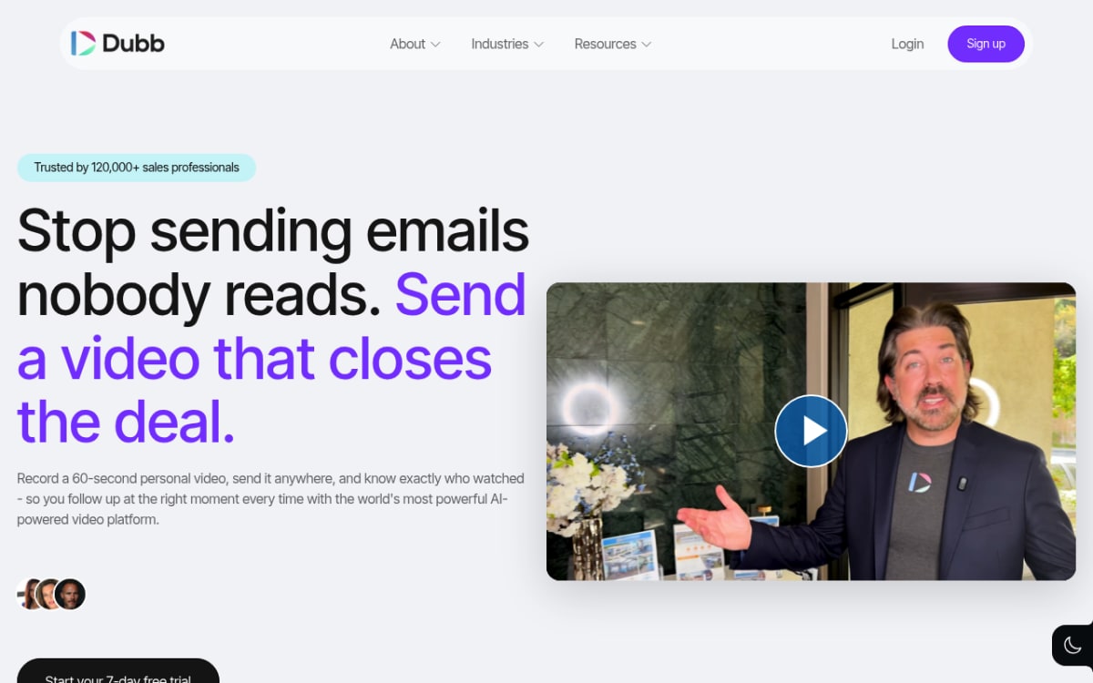 Dubb homepage showing video sales platform with broadcast tools Vidyard alternative