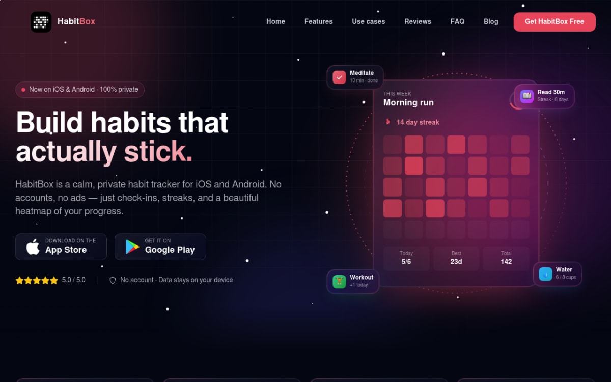 HabitBox homepage showing the mobile-first habit tracking app with gentle missed-day recovery and clean iOS design