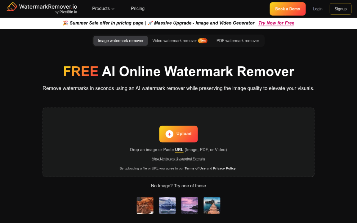 WatermarkRemover.io homepage — AI watermark remover that handles text, logos, and diagonal patterns