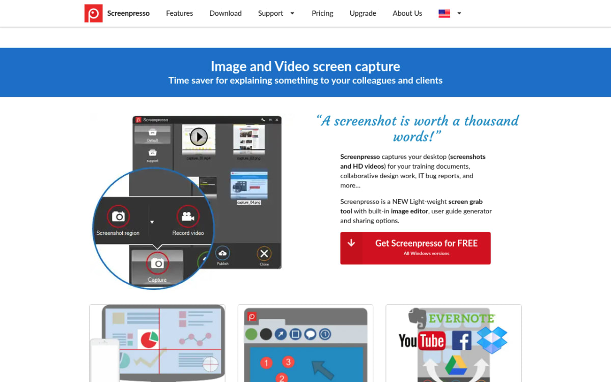 Screenpresso homepage showing the screen capture and documentation tool for Windows
