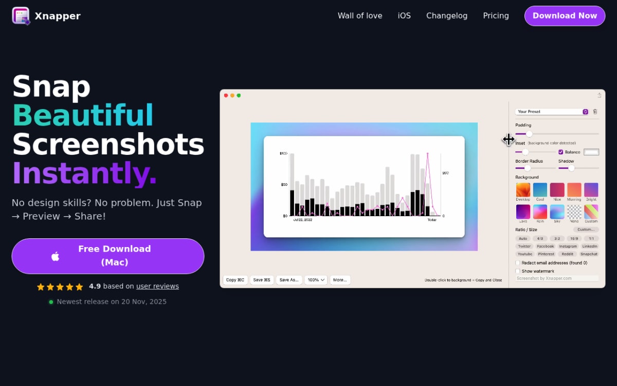 Xnapper homepage — Mac screenshot tool focused on beautified images for social media