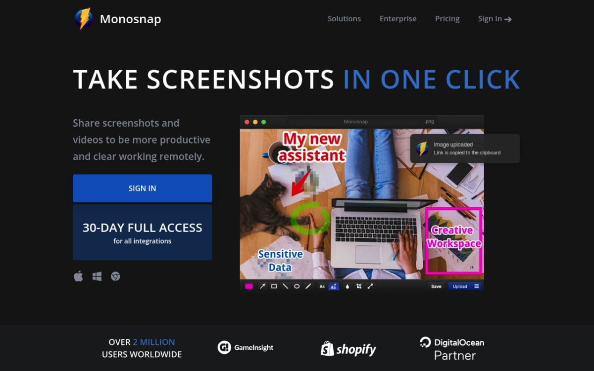 Monosnap homepage — free Shottr alternative with cloud sharing and cross-platform support