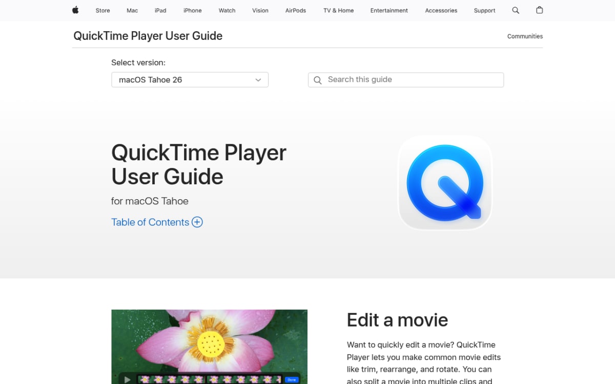 QuickTime Player support page on Apple Support