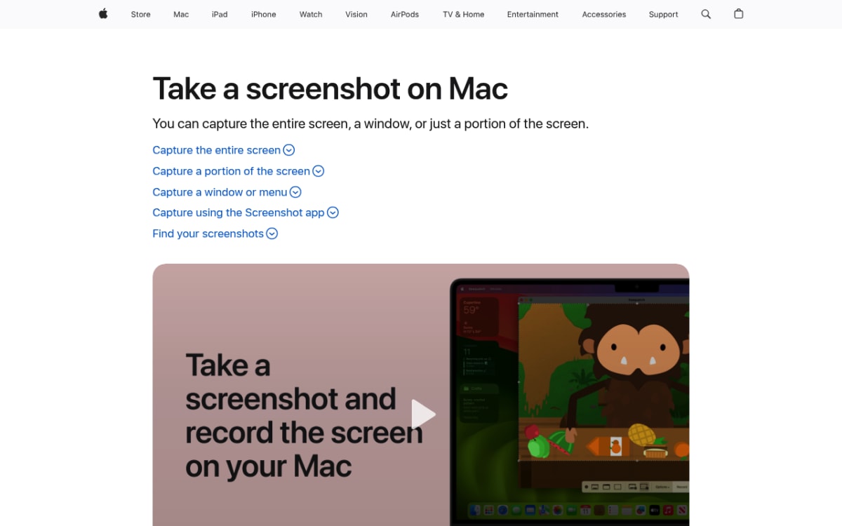 Apple Support page explaining how to take a screenshot on Mac with built-in keyboard shortcuts