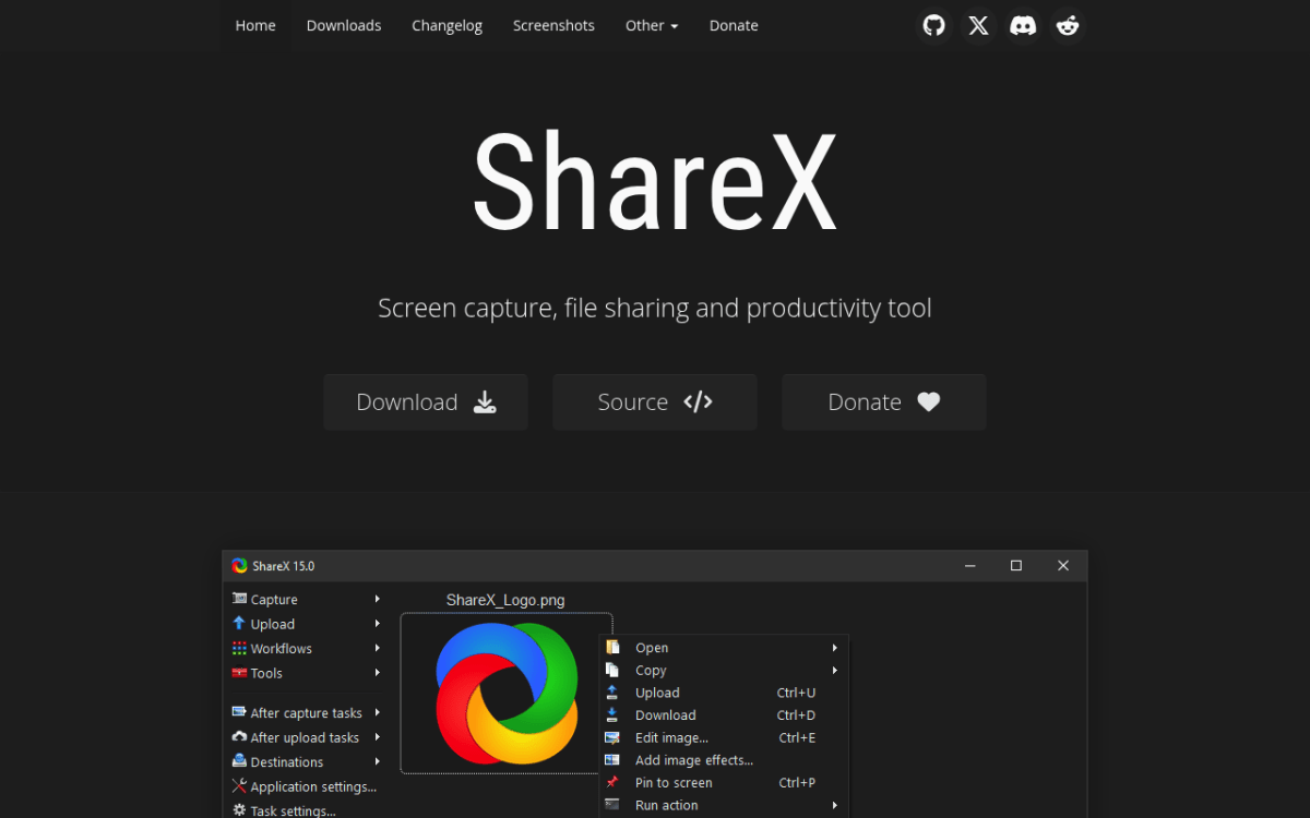 ShareX homepage as the leading free open-source Greenshot alternative