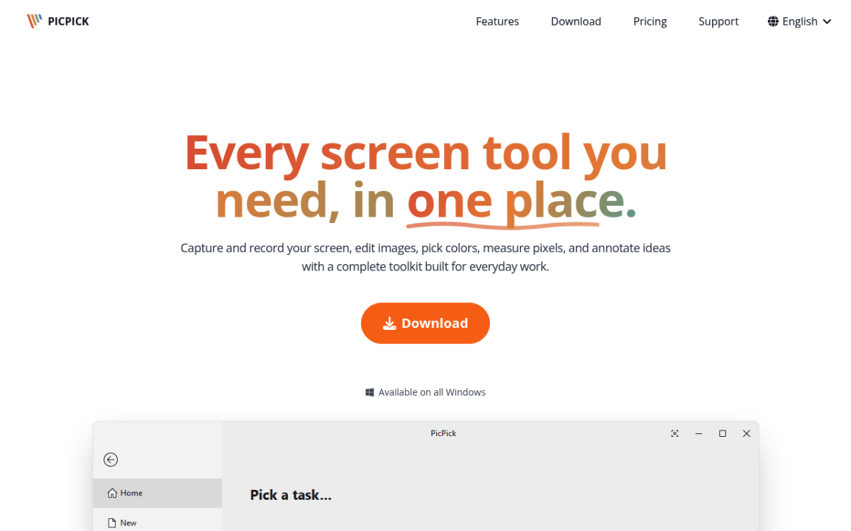 PicPick homepage shown as a free Greenshot-style screenshot tool